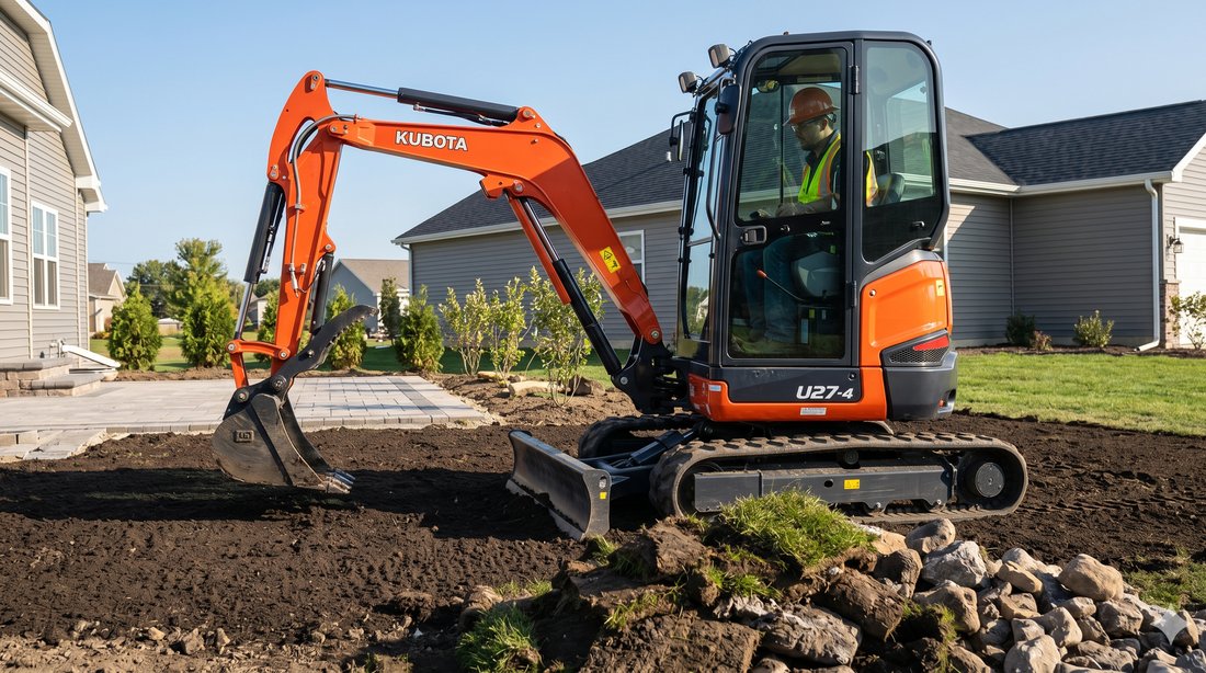 Kubota U27-4 canopy mini excavator on a job site