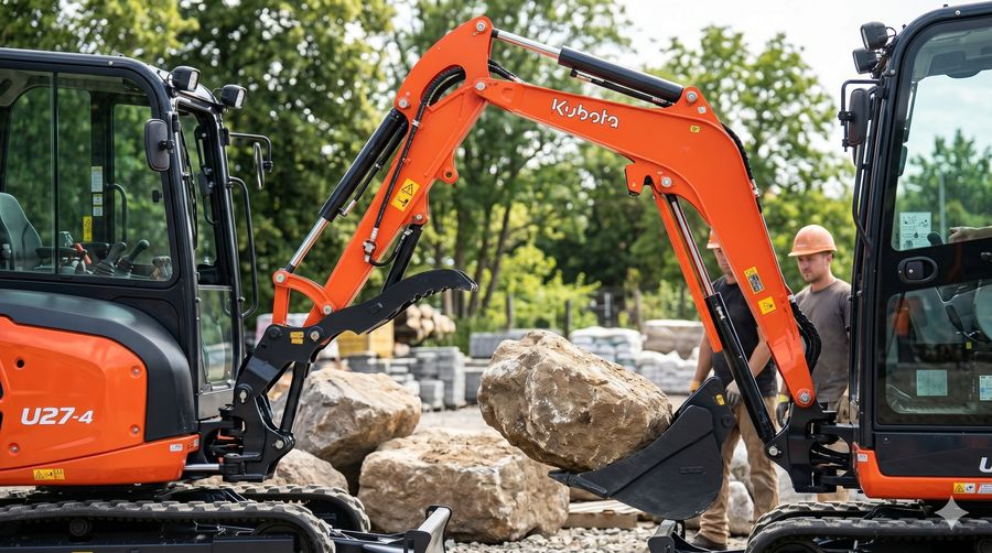 Mini excavators setting landscape stone for hardscaping