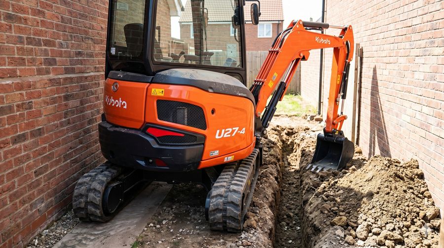 Compact excavator trenching in a tight space between two houses