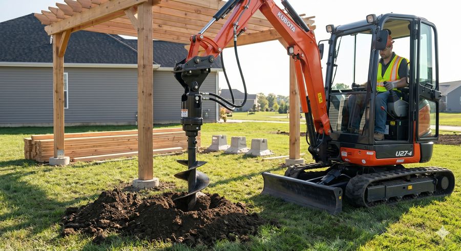 Kubota U27-4 with auger drilling post holes near a pergola